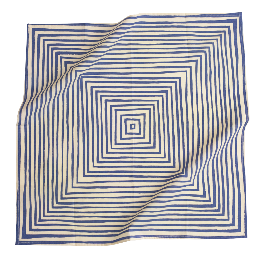 Square scarf with concentric blue and white striped pattern on a white background