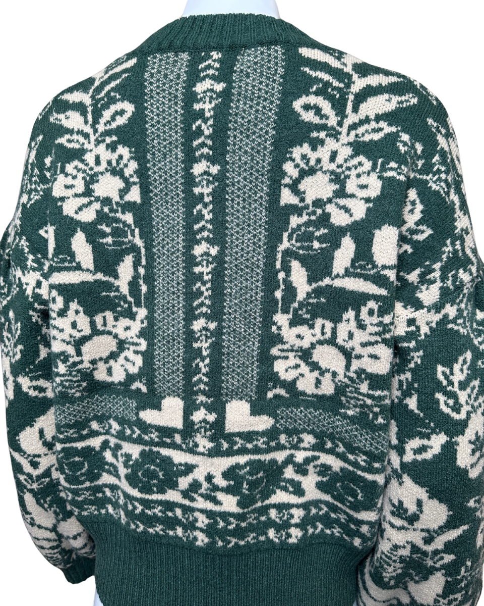 VINTAGE FLOWER PATTERN CREW NECK KNIT SWEATER IN DEEP GREEN - Blackbird Boutique