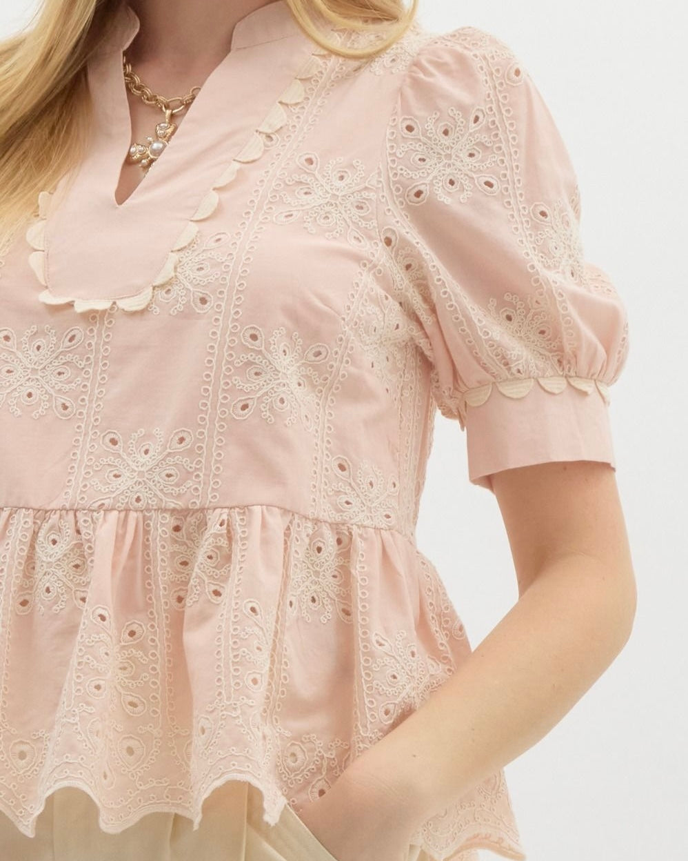 Embroidered Top With Scallop Crochet Trim in Light Pink