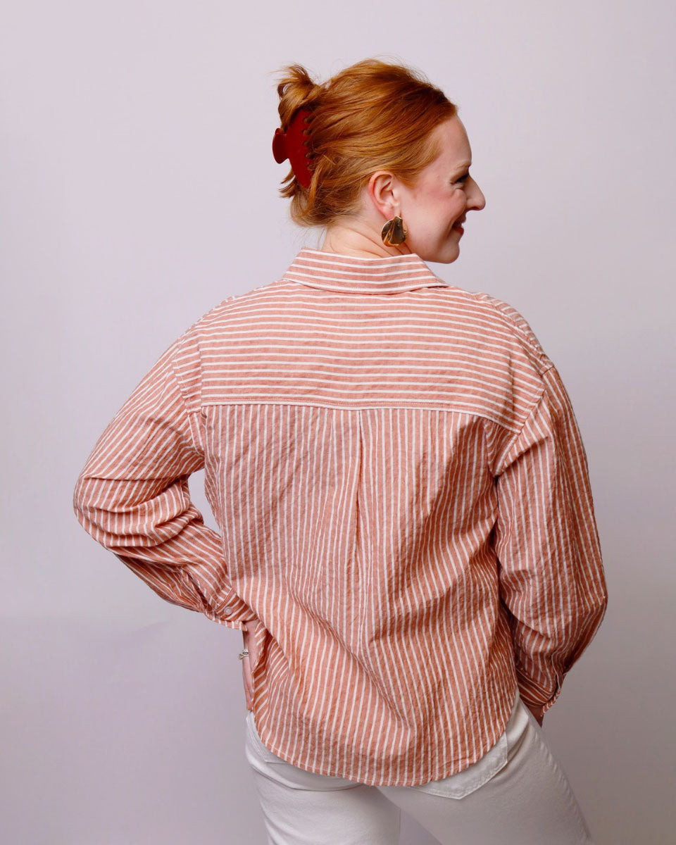 Striped Button-Up Collared Long Sleeve Shirt in Brick