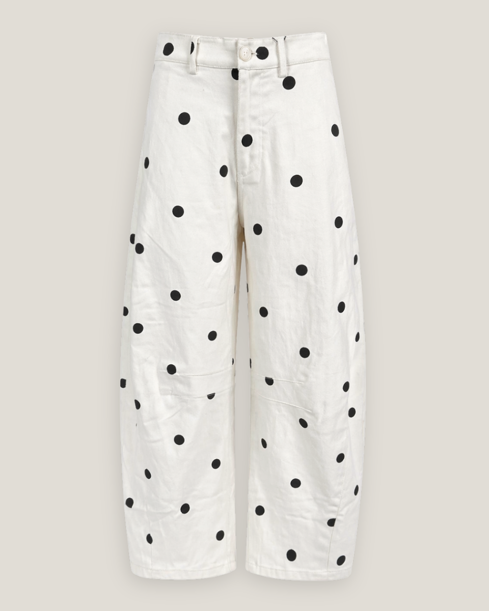 White pants with black polka dots on a light gray background