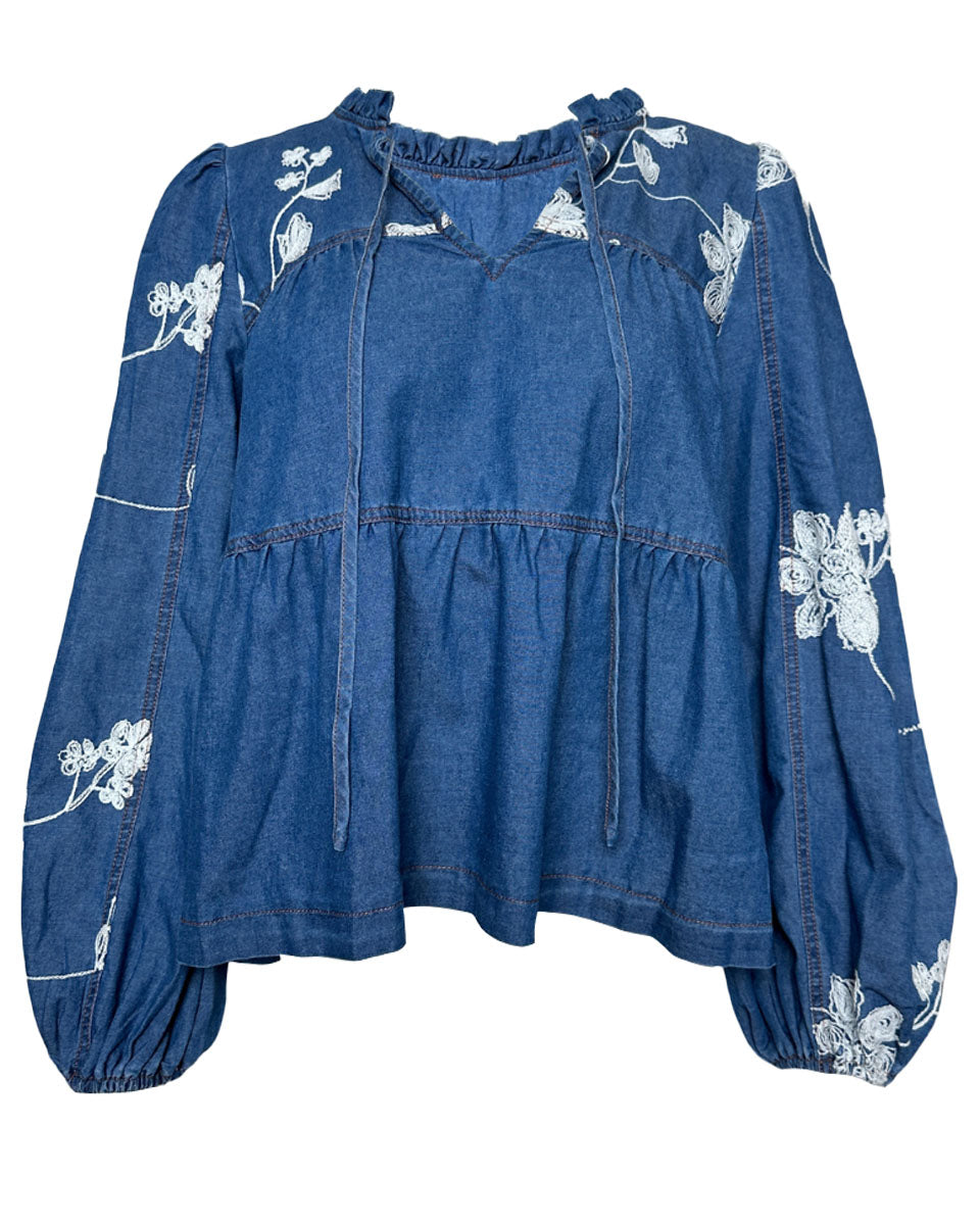 FLORAL EMBROIDERED LONG SLEEVE DENIM SHIRT - Blackbird Boutique