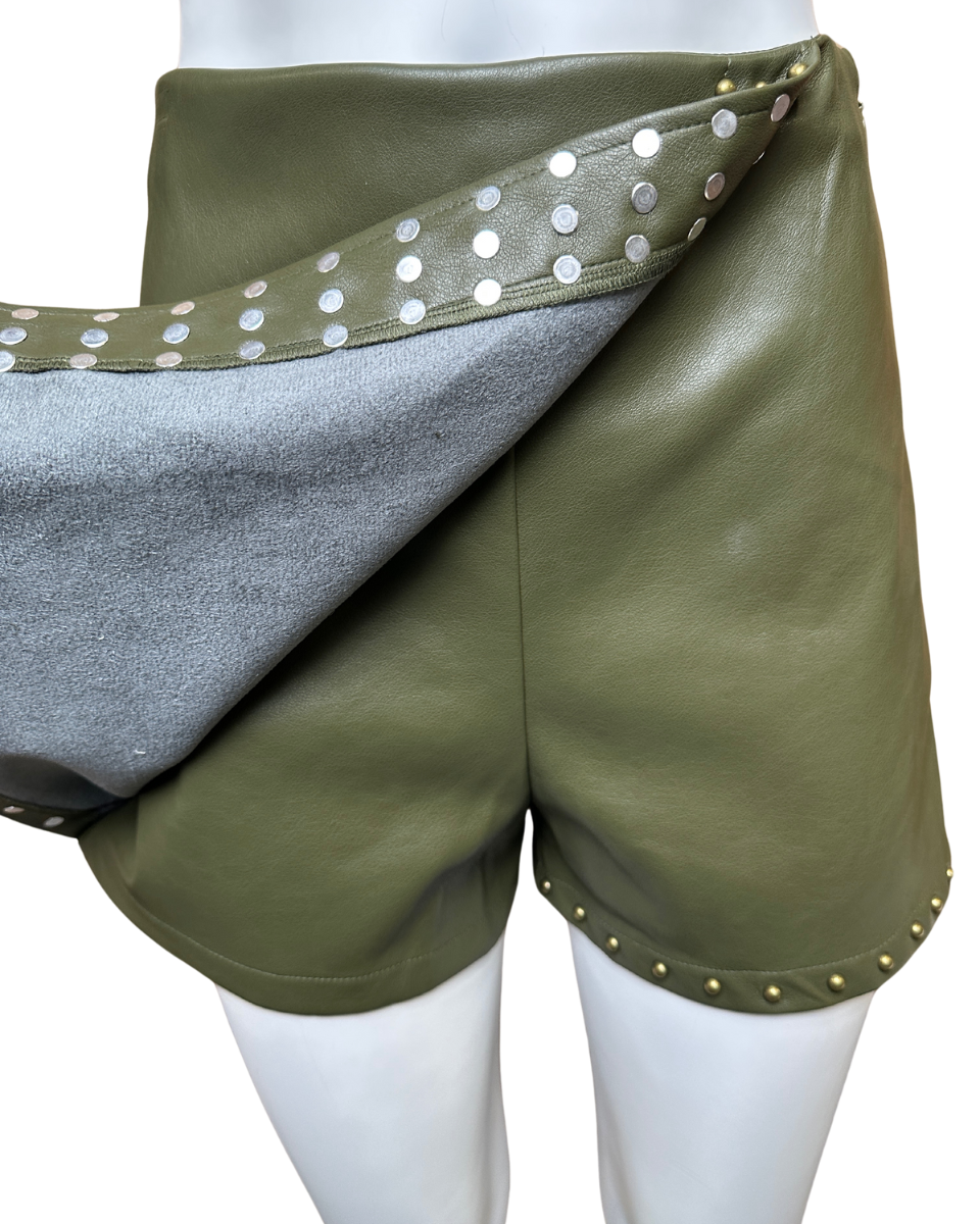 Studded Stretch Faux Leather Wrap Skort in Olive - Blackbird Boutique