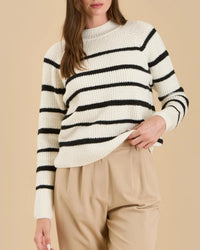 Stripe High Neck Knit Pullover Sweater in Oatmeal/Black