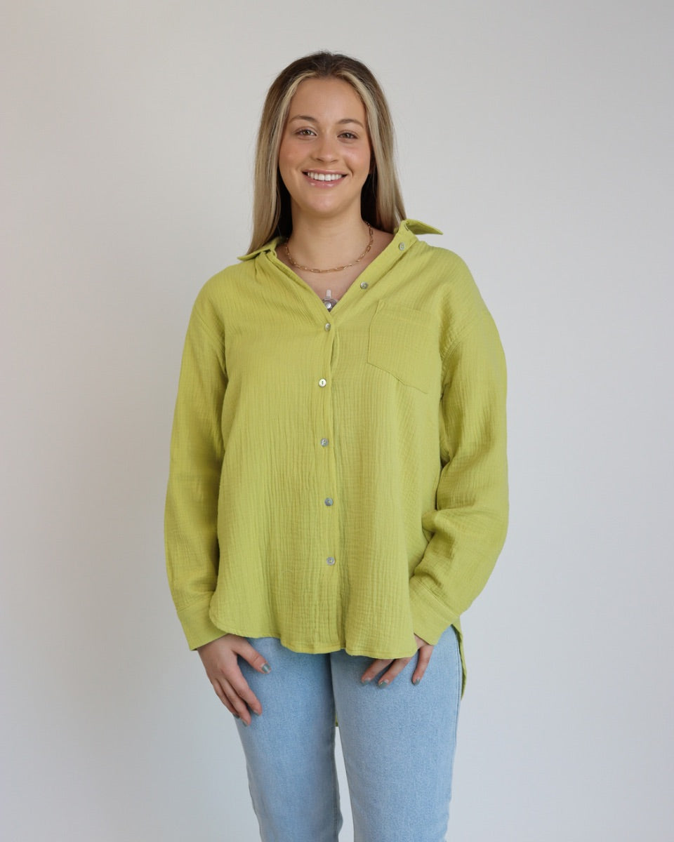 Cotton Gauze Button Up Shirt in Avocado - Blackbird Boutique