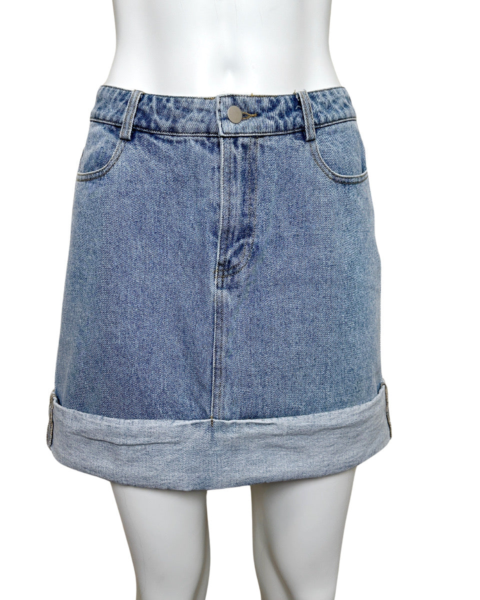 RESTOCK - High Waisted Cuffed Denim Mini Skirt