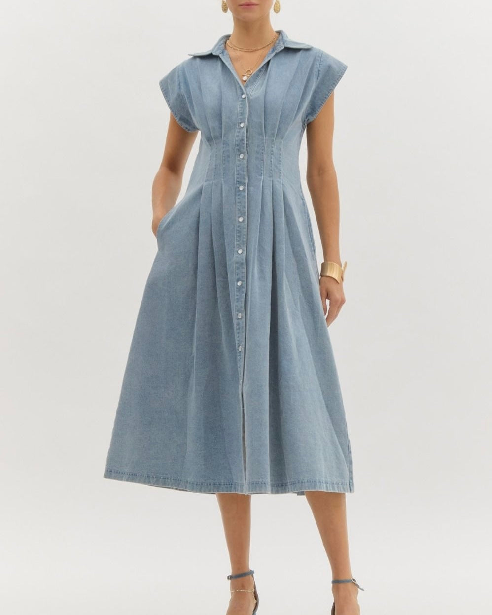 Denim Midi Dress in Light Blue