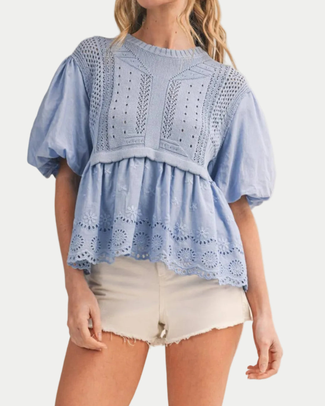 MIXED MEDIA BUBBLE SLEEVE SWEATER TOP MSW11266 - Blackbird Boutique