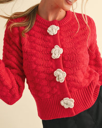 Textured Sweater Cardigan with Knit Rosette Detail in Red