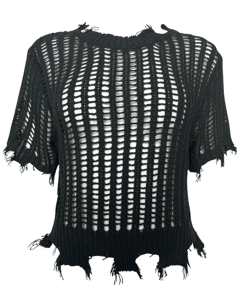 Charcoal Distressed Open Weave Top - Blackbird Boutique