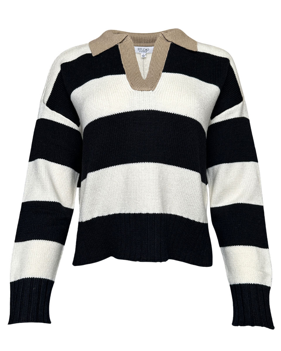 Stripe Contrast Collar Long Sleeve Knit Sweater