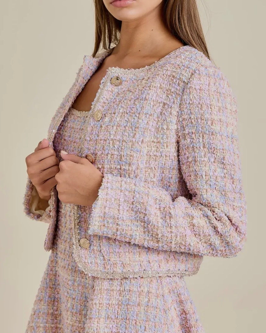 Sequin Braid Detailed Round Neck Tweed Jacket - Blackbird Boutique