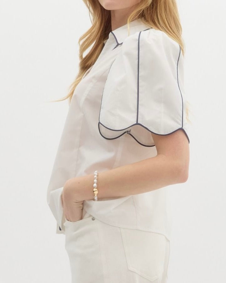 Solid Collared Button Down with Accented Contrast Piping in White - Blackbird Boutique