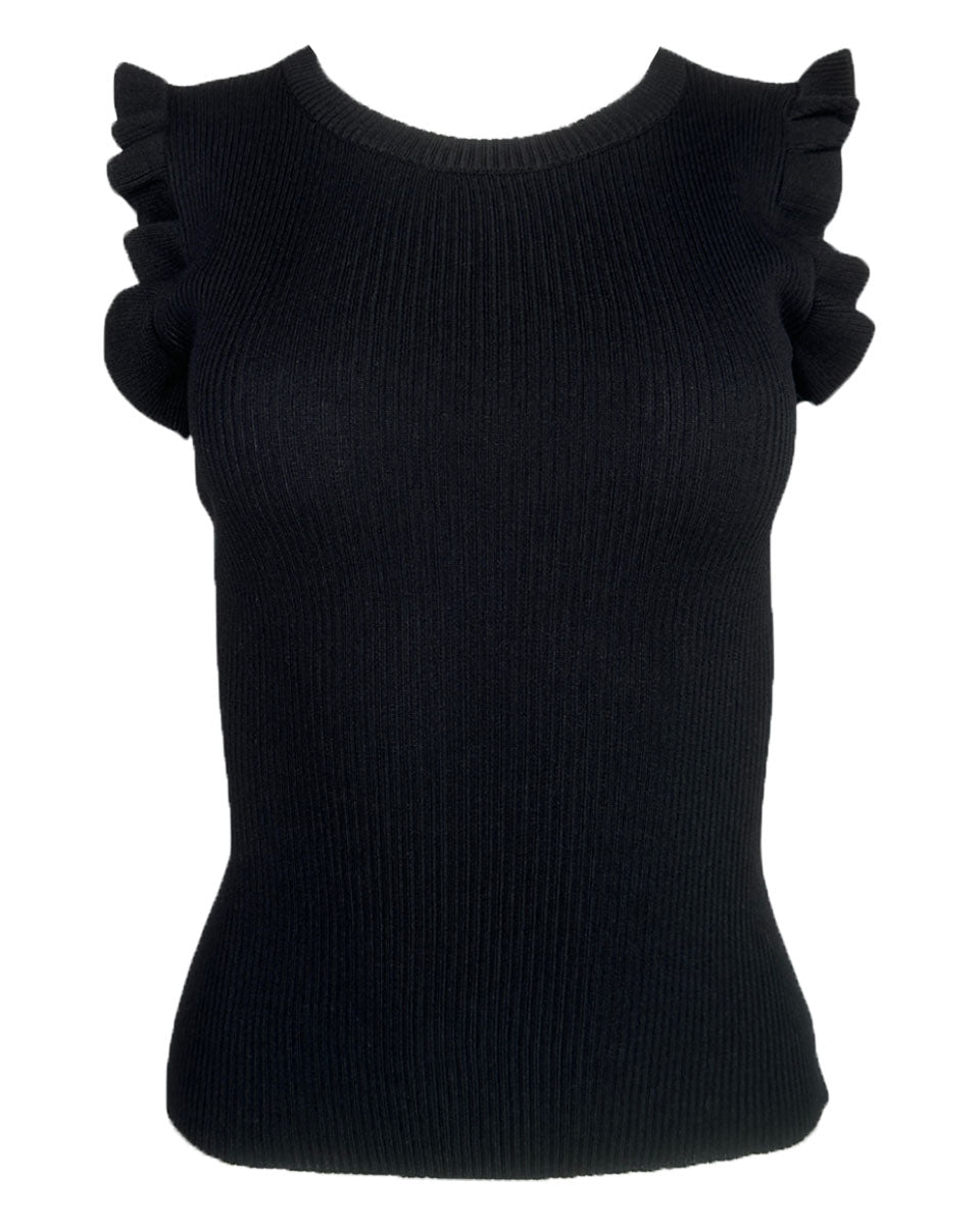 Ruffle Sleeve Ribbed Knit Top in Black - Blackbird Boutique