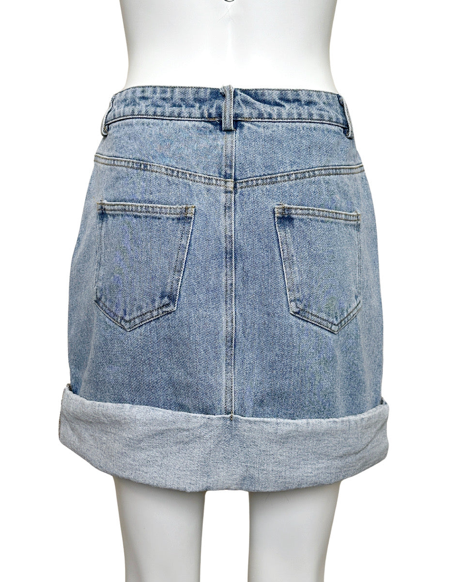 RESTOCK - High Waisted Cuffed Denim Mini Skirt