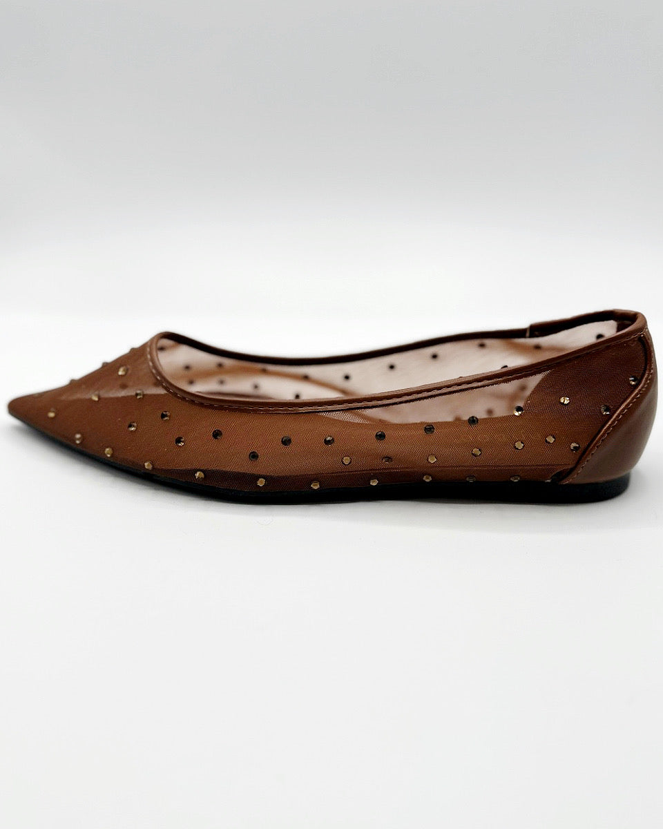 POINTED TOE RHINESTONE MESH FLATS IN BROWN - Blackbird Boutique