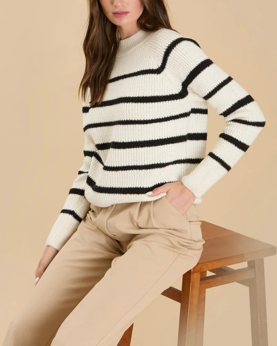 Stripe High Neck Knit Pullover Sweater in Oatmeal/Black