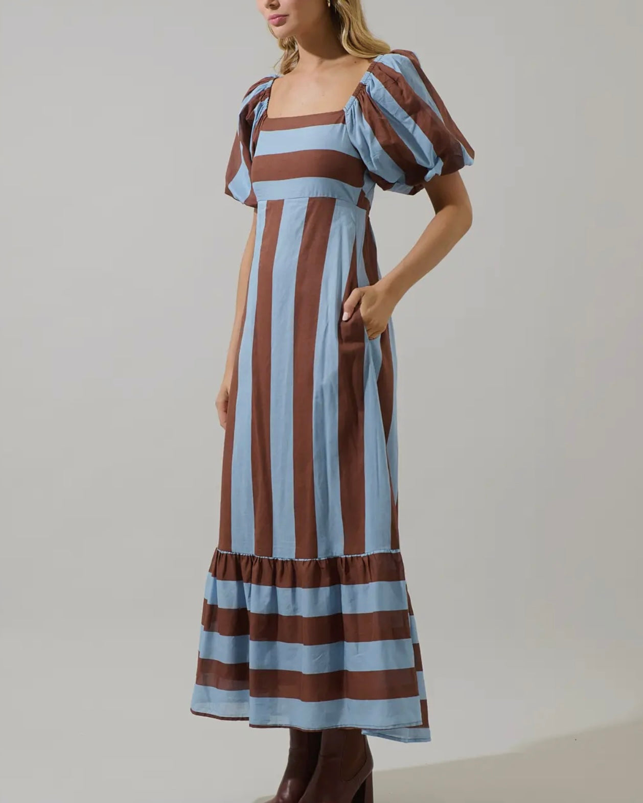 Evabelle Stripe Xena Puff Sleeve Maxi Dress - Blackbird Boutique