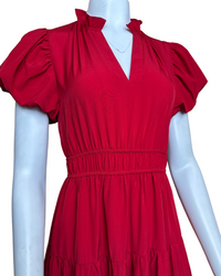 Tiered Midi Dress with Bubble Sleeves in Burgundy