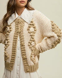 FLOWER DETAIL TUFTED DOT HAND CROCHET CARDIGAN - TAUPE - Blackbird Boutique