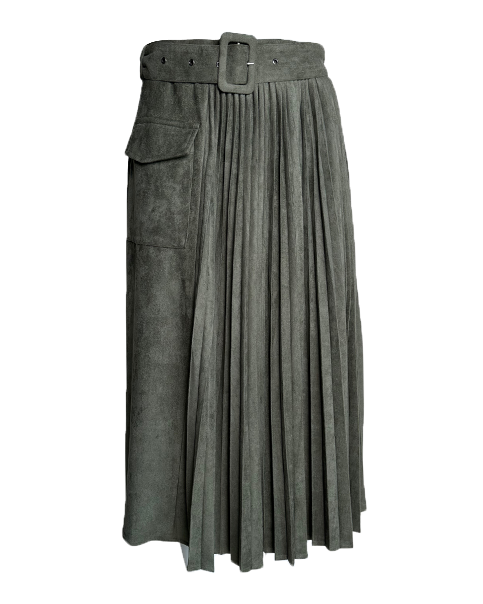Olive Faux Suede Midi Skirt