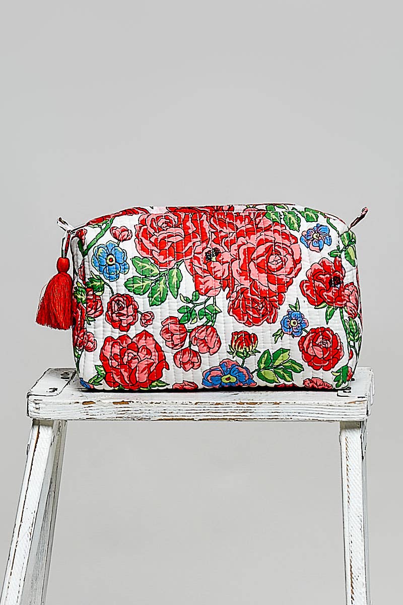 Floral Quilted Tassel Cosmetic Pouch Bag