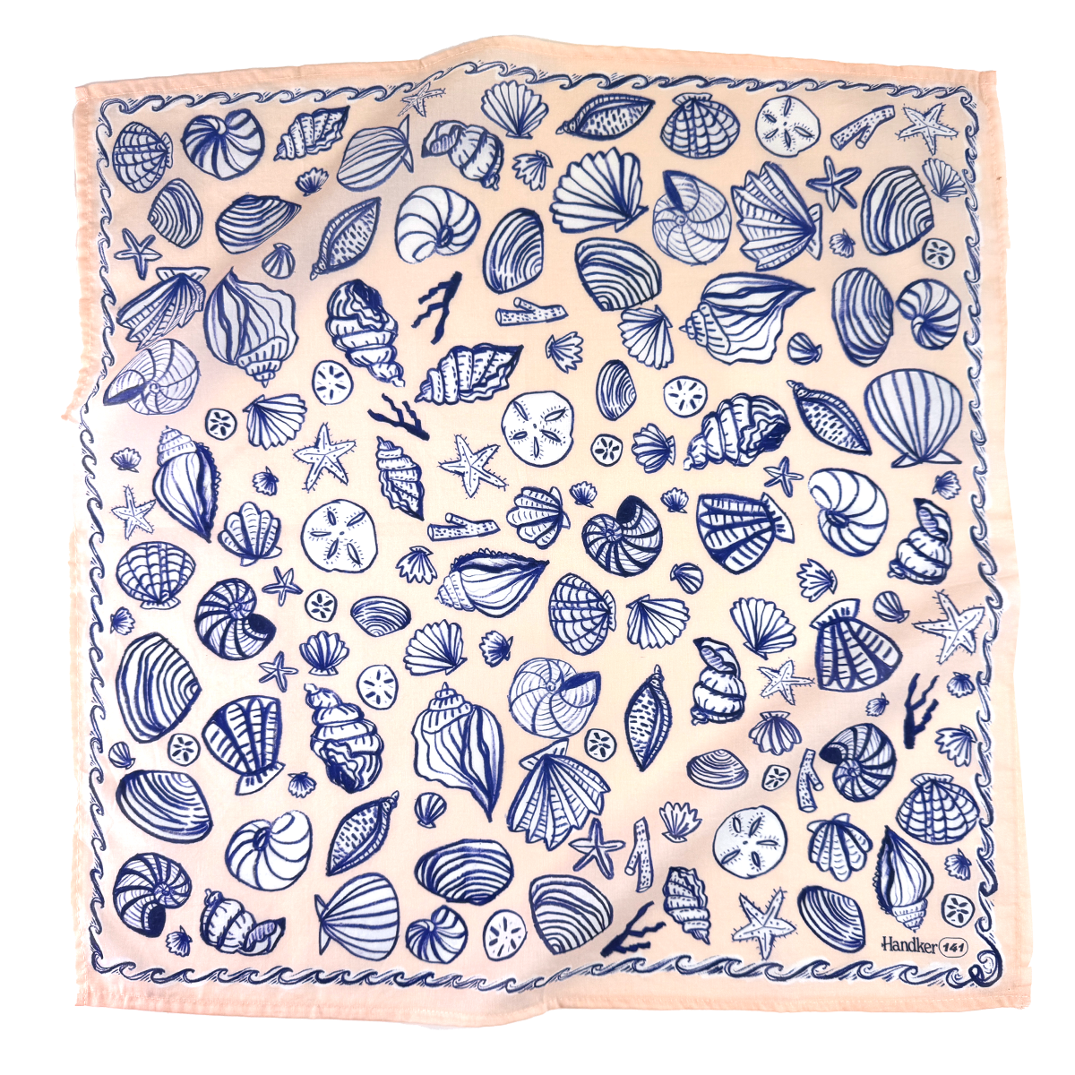 Beige scarf with blue sea shell pattern