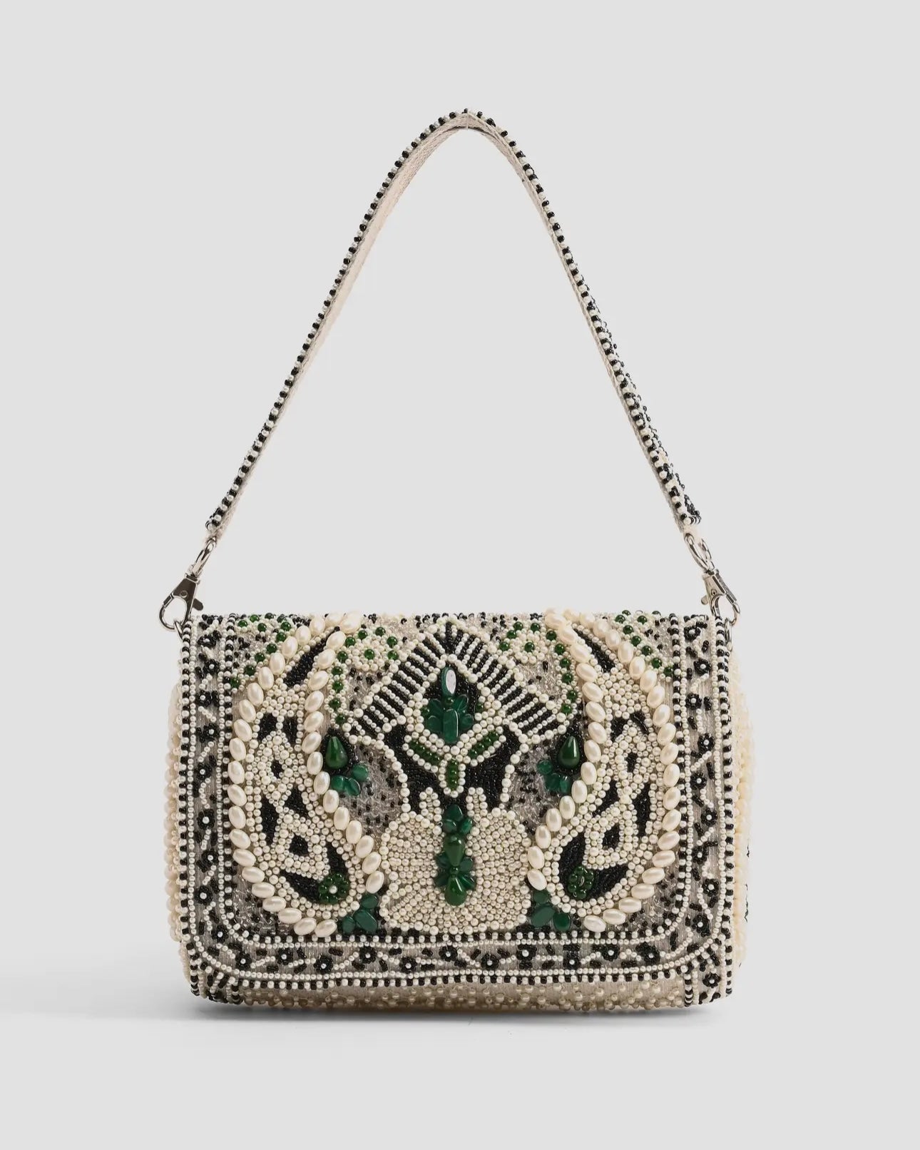 Emerald Stone Hand Embellished Shoulder Bag