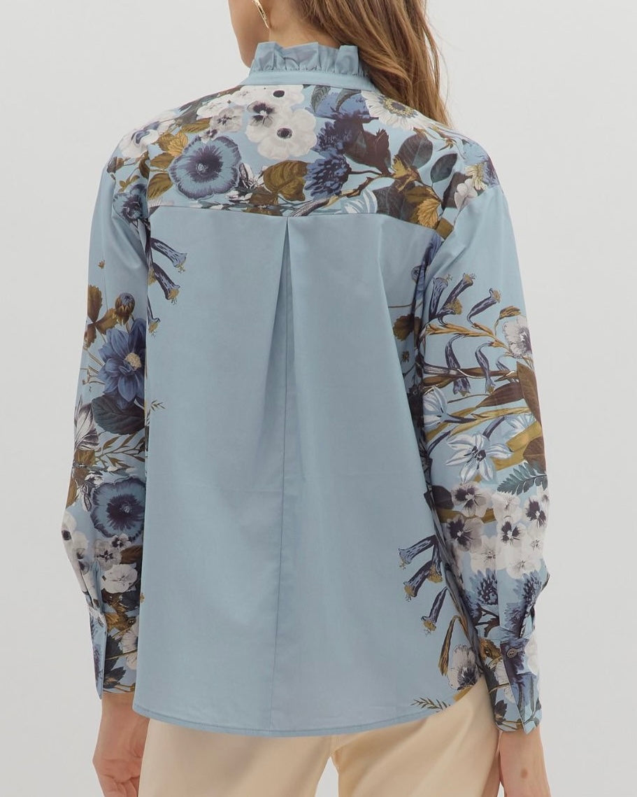 Cotton Top With Floral Accent Long Sleeves - Blackbird Boutique