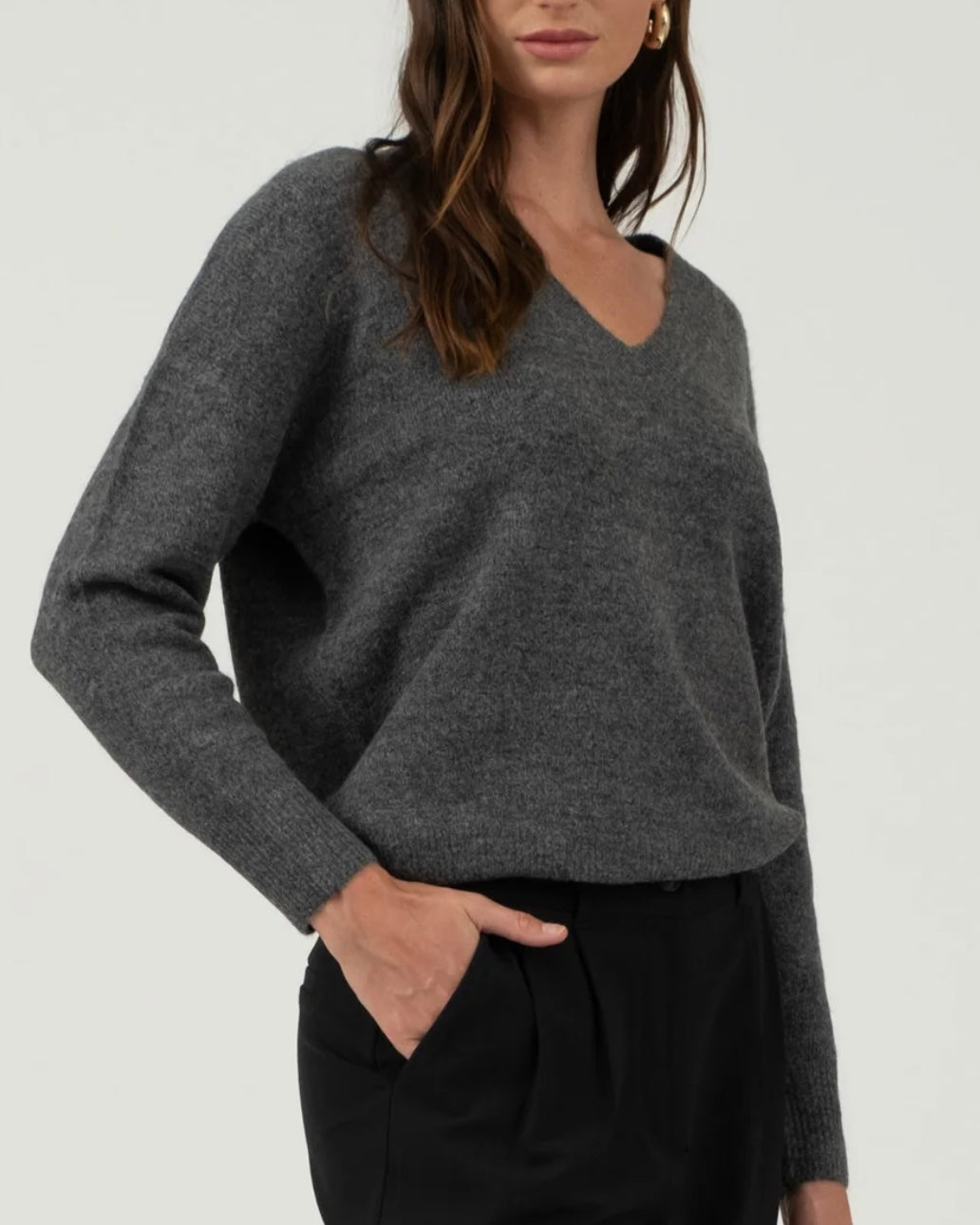 Solid V-Neck Drop Shoulder Knit Sweater in Charcoal