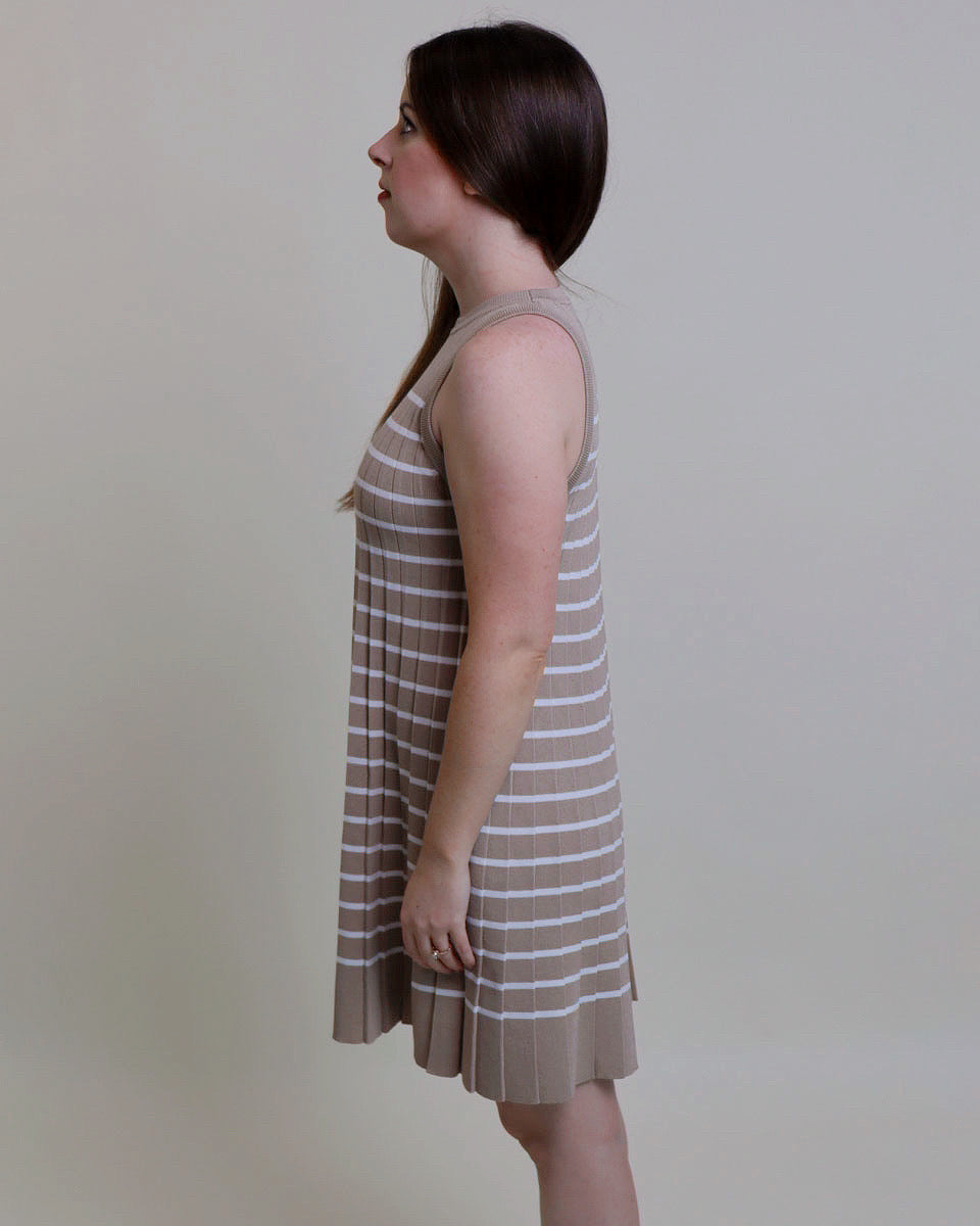 Taupe Pleated Striped Dress - Blackbird Boutique