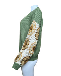 Open Front Cardigan with Floral Crochet Sleeve - Olive - Blackbird Boutique