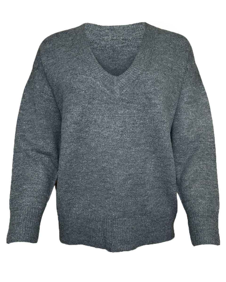 Solid V-Neck Drop Shoulder Knit Sweater in Charcoal