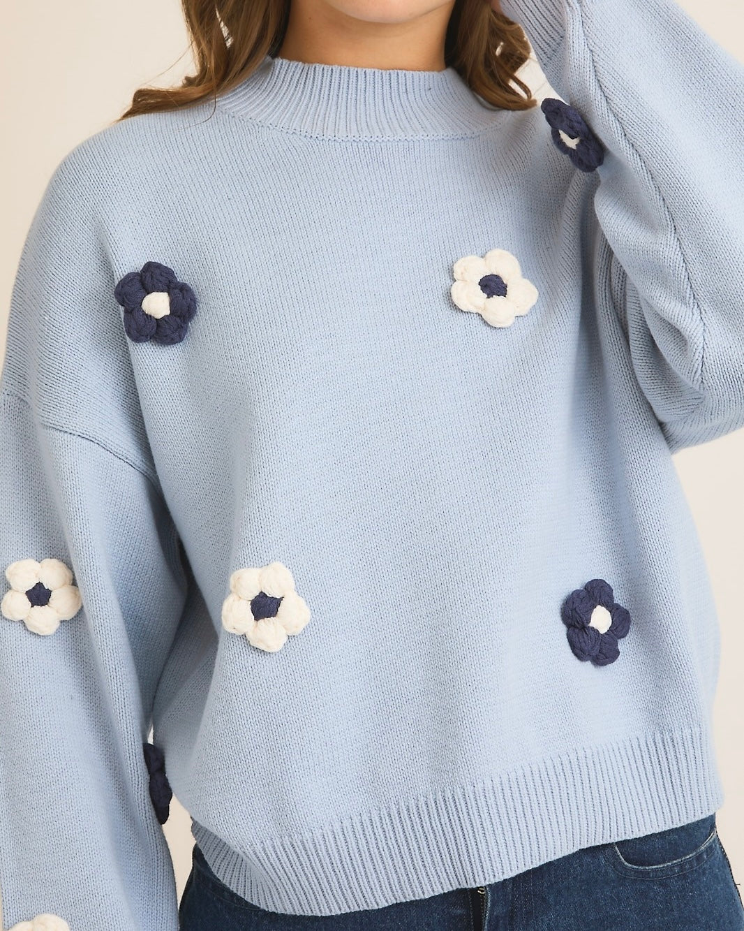 Mock Neck Floral Knit Sweater in Baby Blue