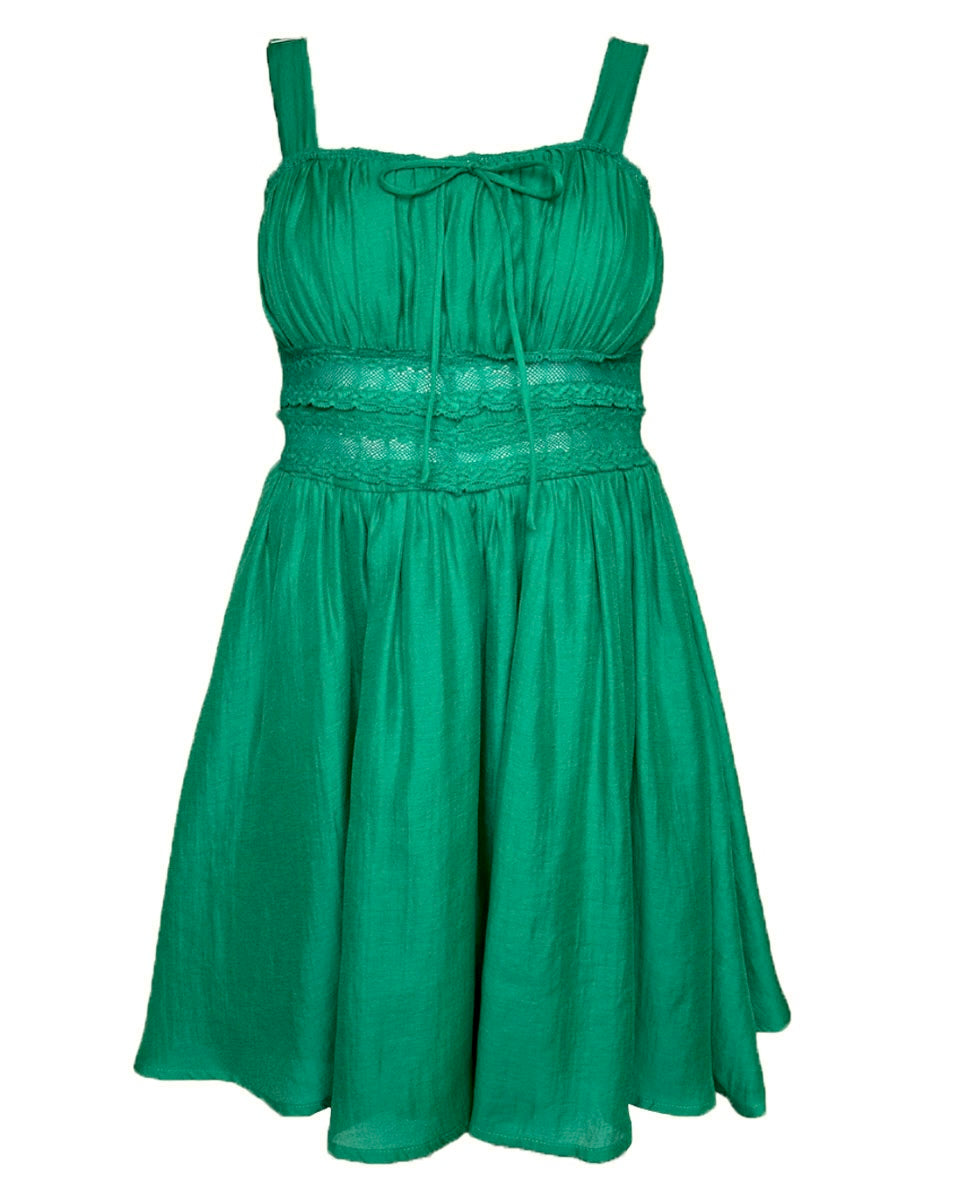 Lace Trimmed Gathered Bust Mini Dress in Kelly Green - Blackbird Boutique