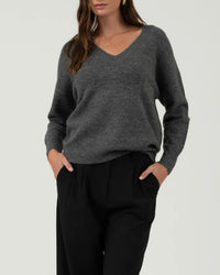 Solid V-Neck Drop Shoulder Knit Sweater in Charcoal