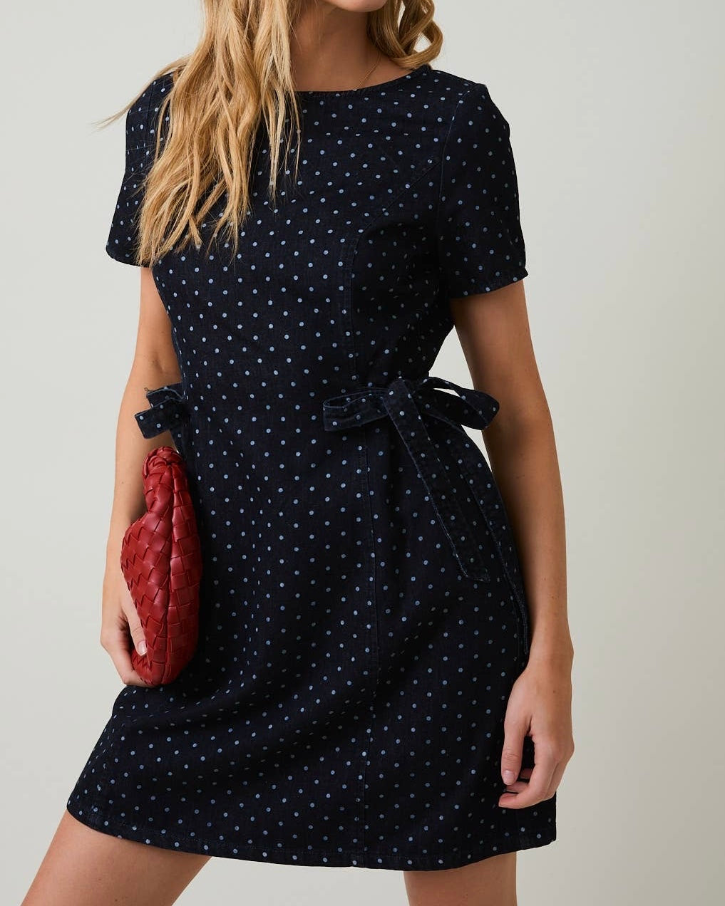 Denim White Dot Side Tie Mini Dress - Blackbird Boutique