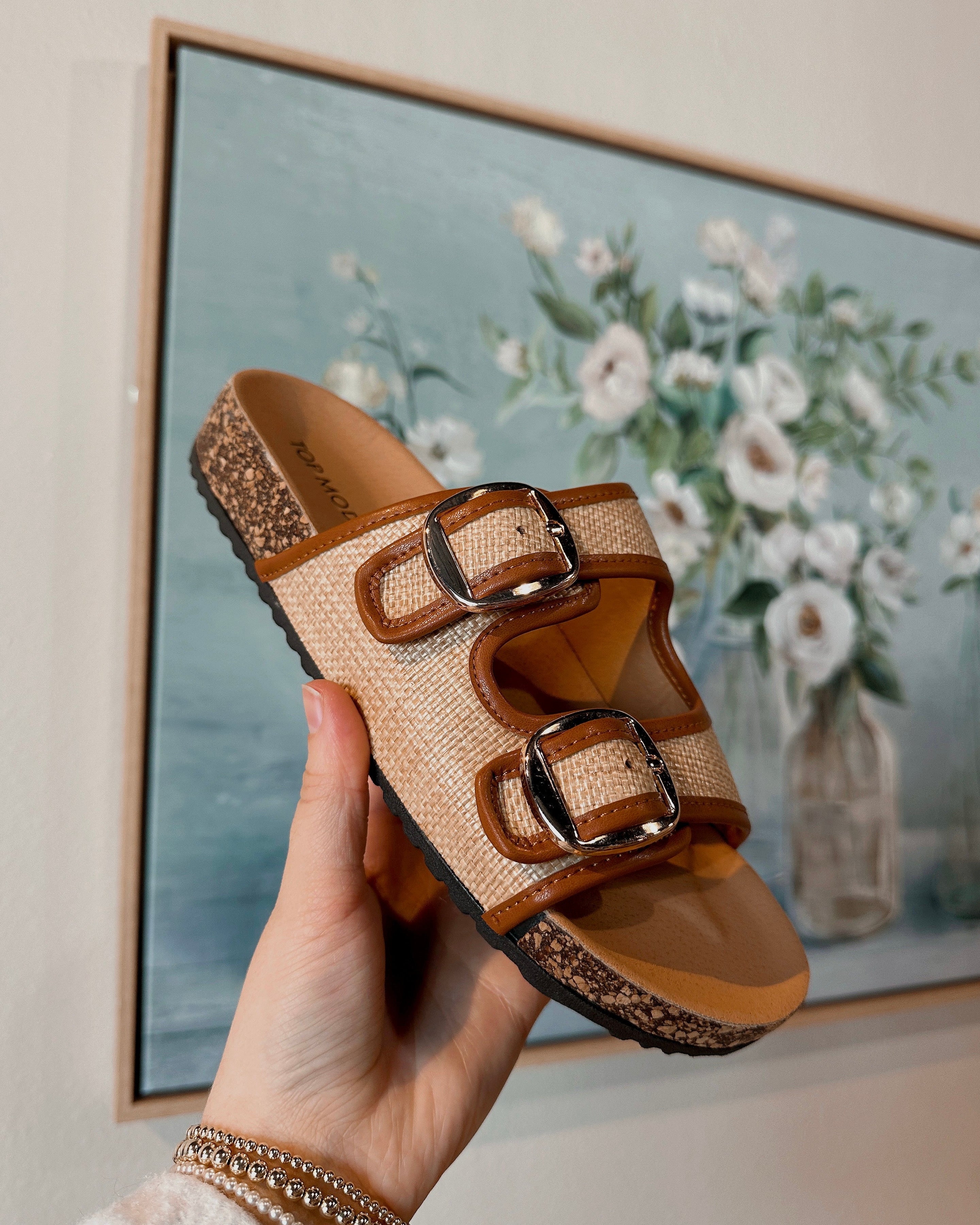 Double Buckle Raffia Sandals