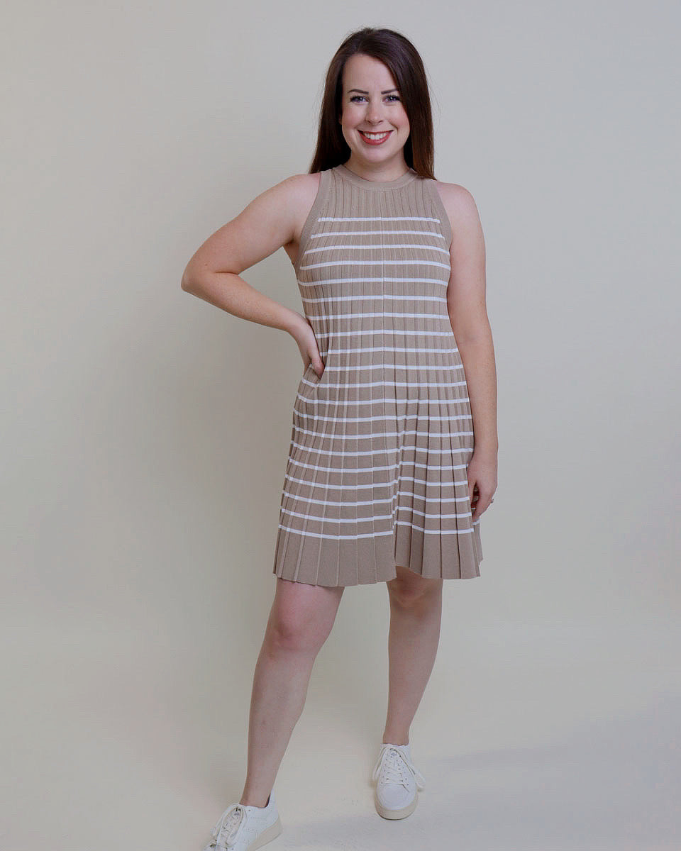 Taupe Pleated Striped Dress - Blackbird Boutique