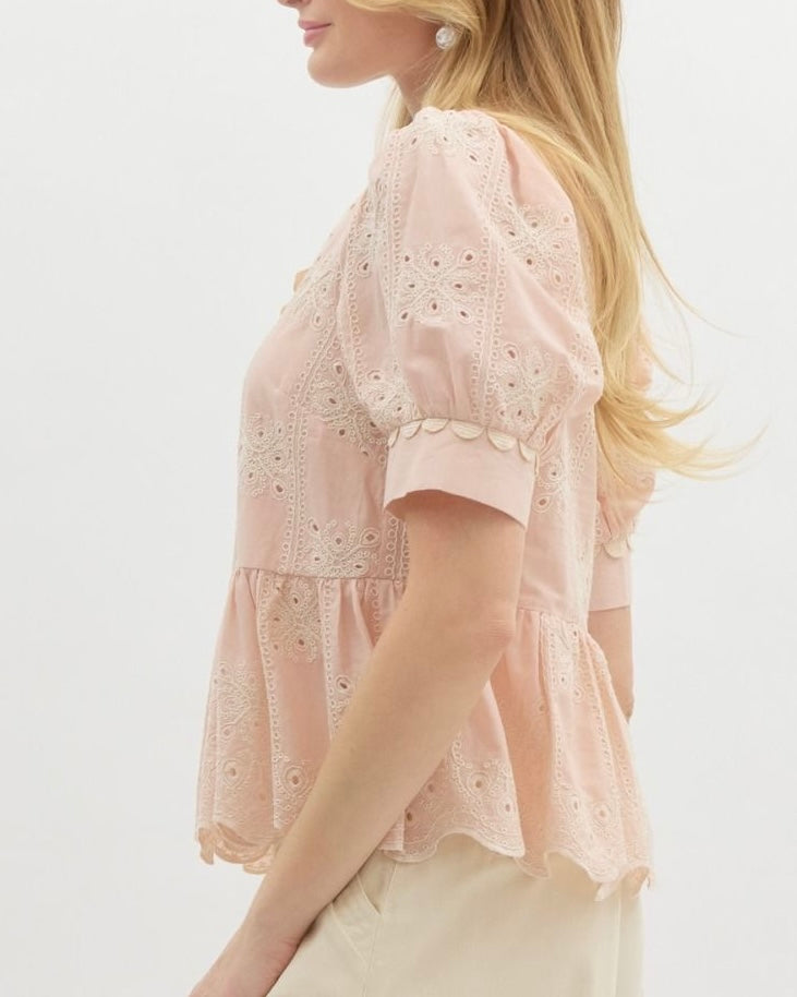 Embroidered Top With Scallop Crochet Trim in Light Pink