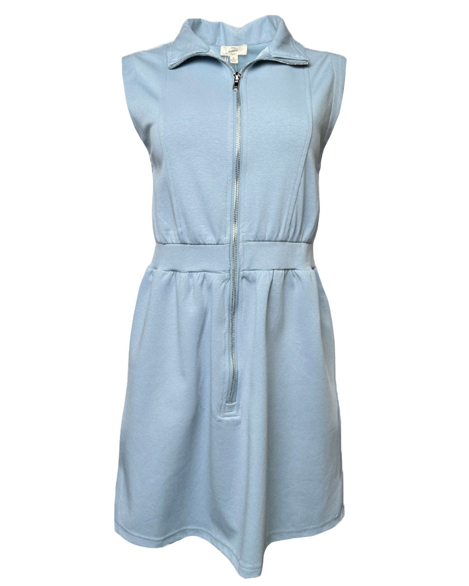 Solid Sleeveless Zip-Up Mini Dress in Chambray - Blackbird Boutique