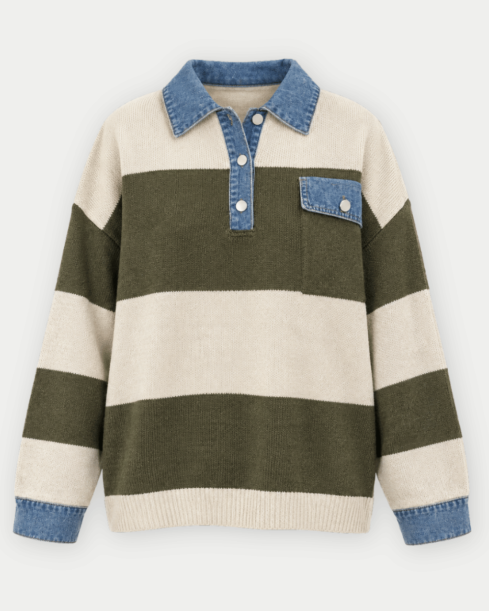 Striped Denim Collar Sweater Knit Top - Blackbird Boutique