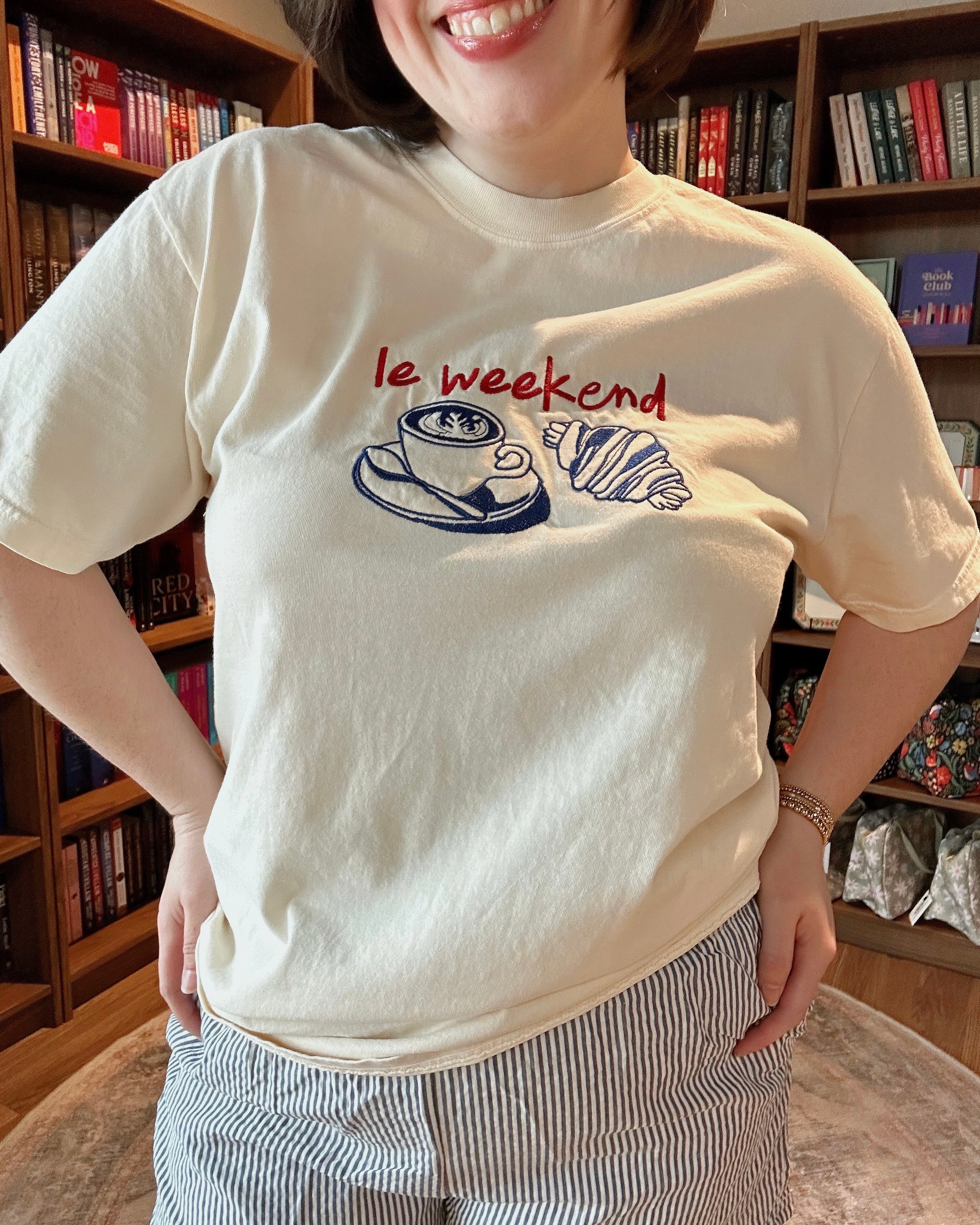 Embroidered Le Weekend French Coffee & Croissant Shirt - Blackbird Boutique