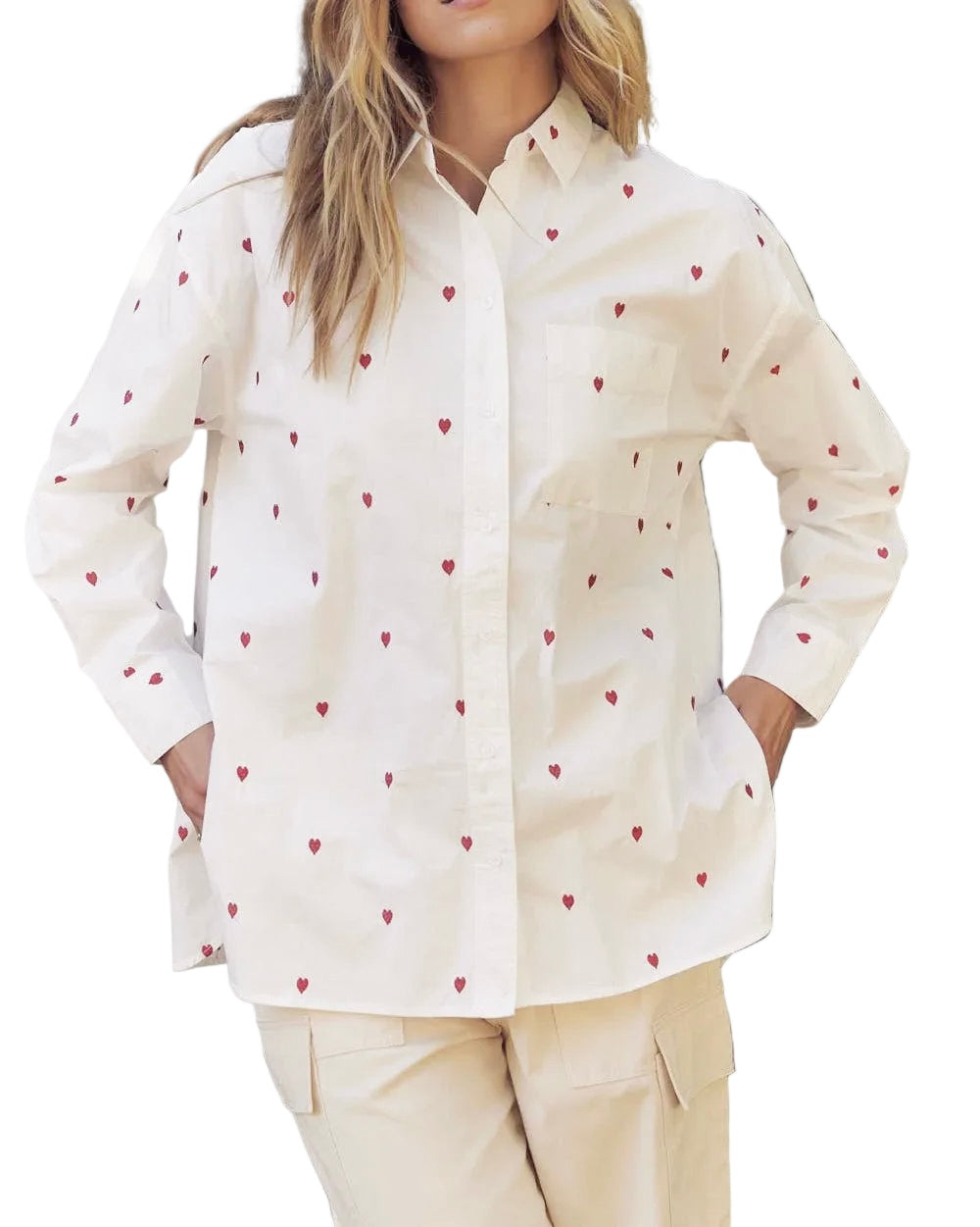 FULL OF HEARTS EMBROIDERY BUTTON DOWN LONG-SLEEVED SHIRT