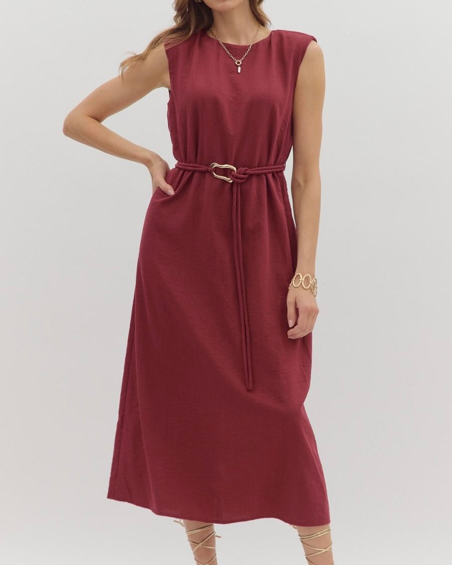 Belted Midi Dress in Burgundy - Blackbird Boutique
