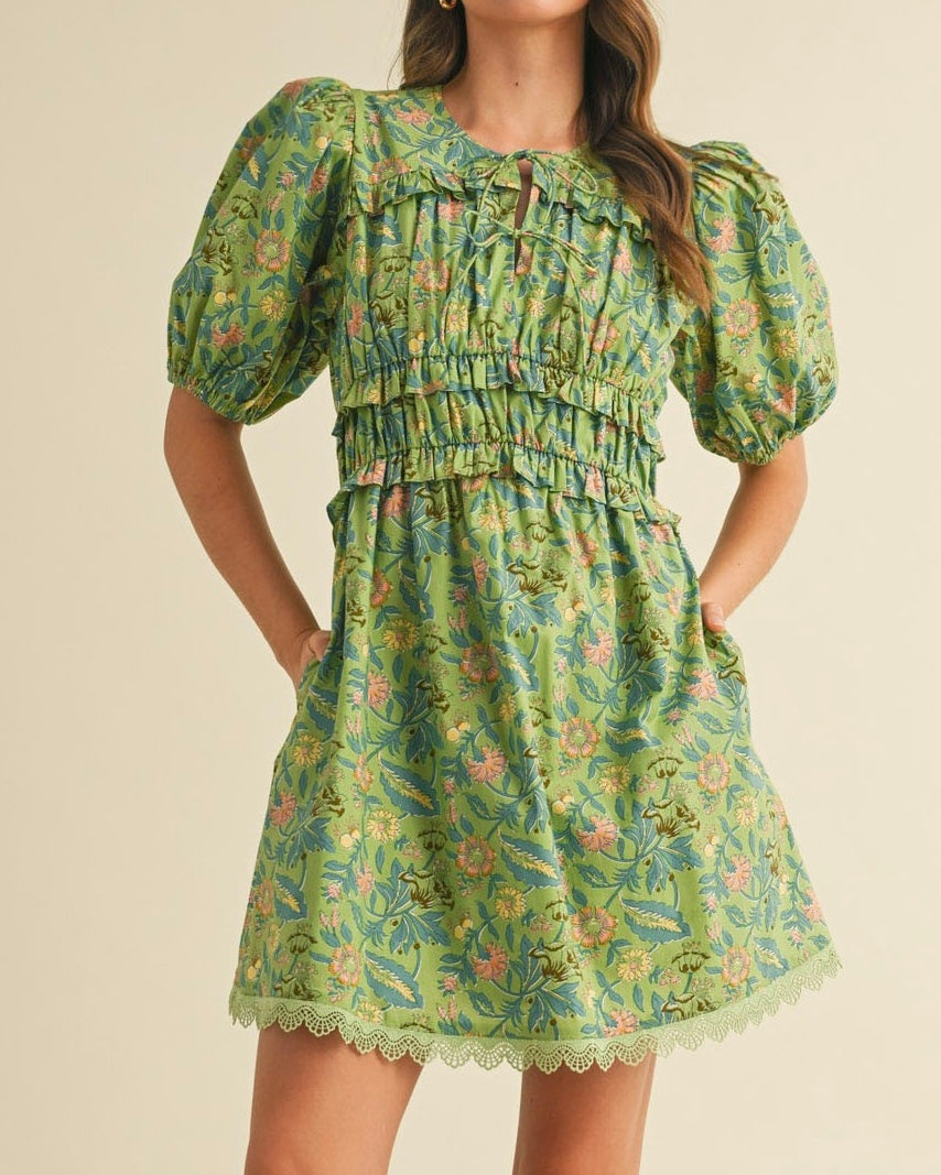 Multi Floral Dress is Sage/Olive