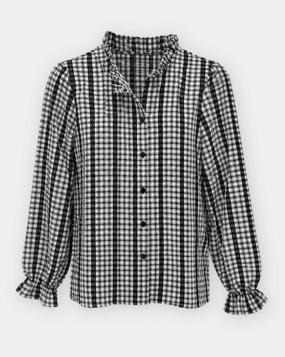 Brea Ruffle Neck Lace Accents Gingham Blouse Shirts