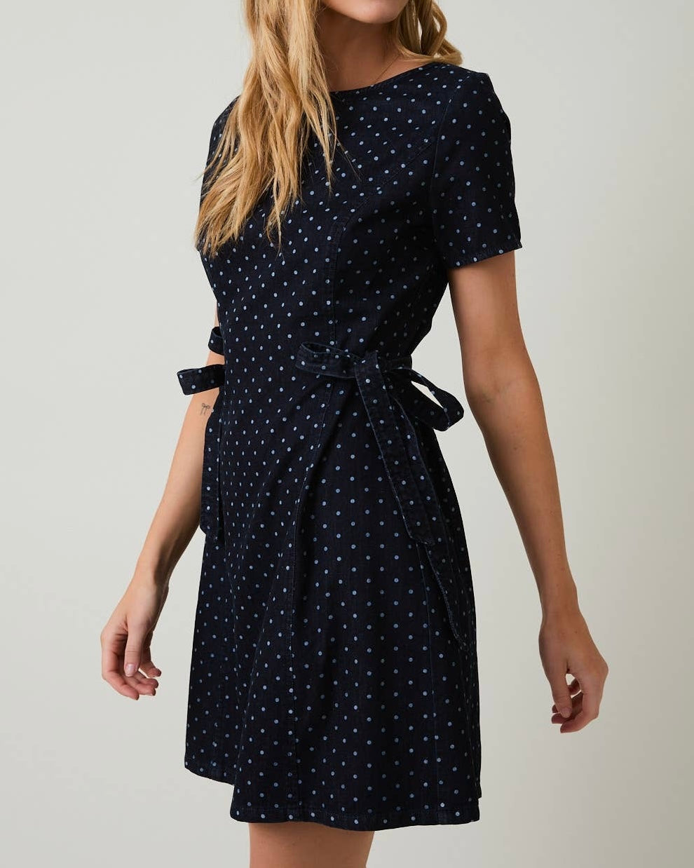 Denim White Dot Side Tie Mini Dress - Blackbird Boutique
