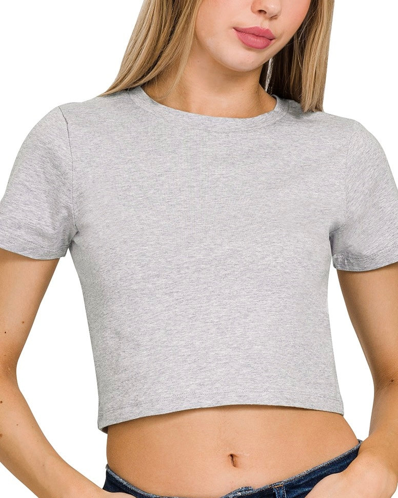 Cotton Short Sleeve Round Neck Crop Top in Heather Gray