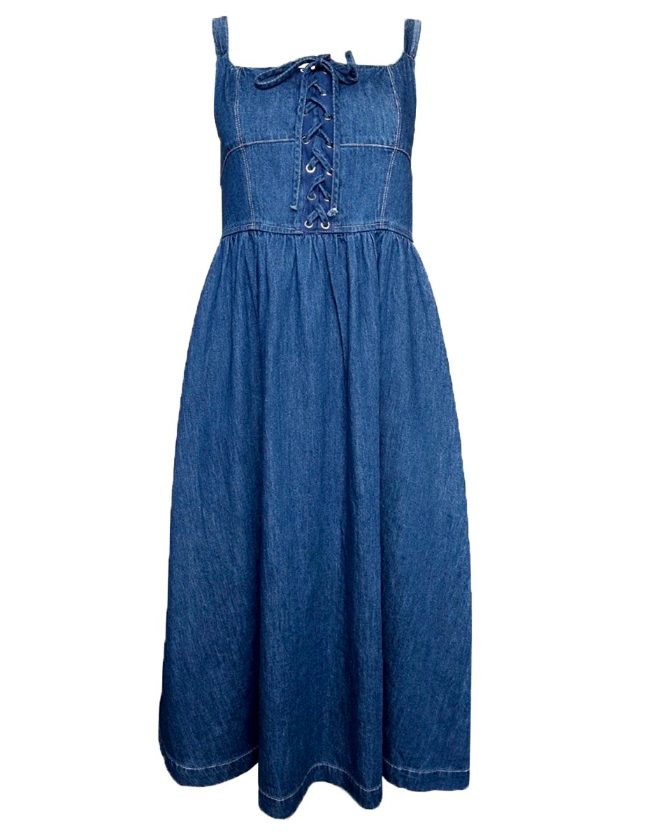 Lace Up Sleeveless Denim Midi Dress - Blackbird Boutique